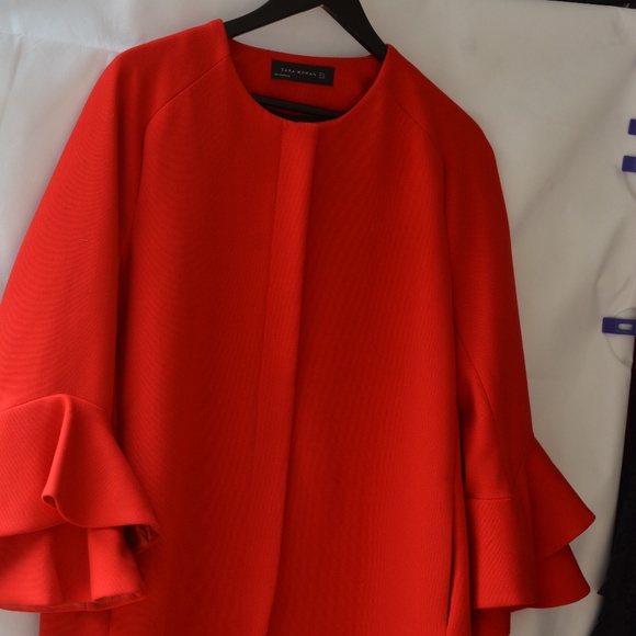 Red Woman's Coat Ruffle Sleeves Zara SZ 12 - Picture 2 of 8